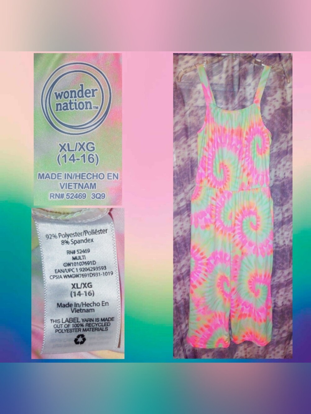 Wonder Nation Neon Multiclrs Tie Dye Print Soft Knit Cropped Jumpsuit XL(14/16)